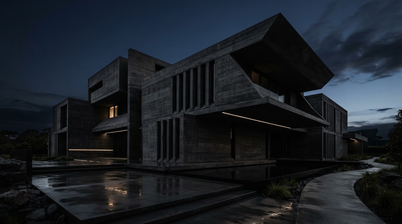 Modern concrete structure at dusk