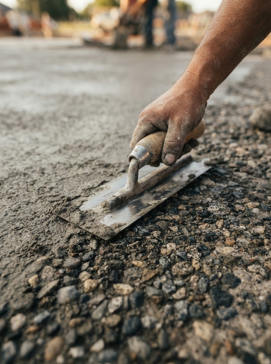Close-up of a concrete finisher's trowel smoothing exposed aggregate