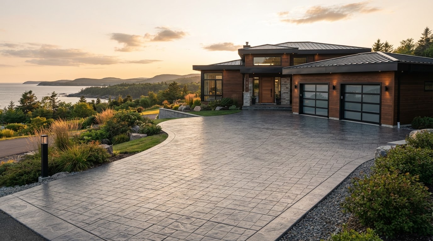 Modern stamped concrete driveway in front of a contemporary Nova Scotia home