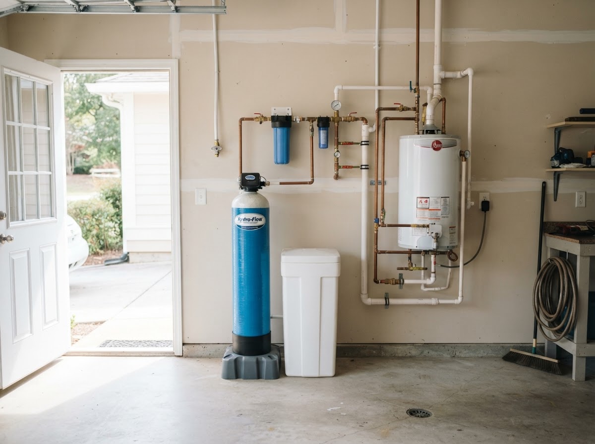 Whole-home water softener and filtration system installed in a clean garage beside a water heater