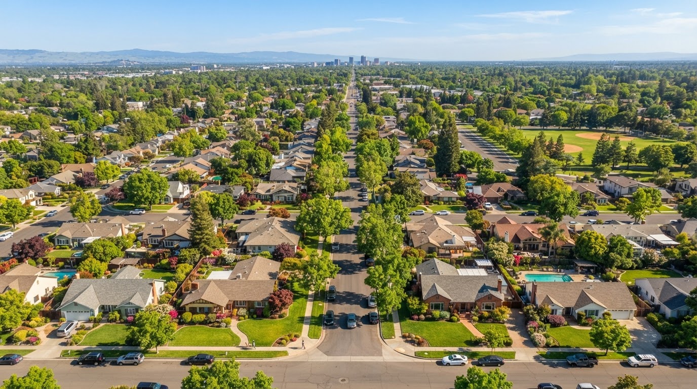 Aerial view of a suburban Sacramento neighborhood served by Enright HVAC