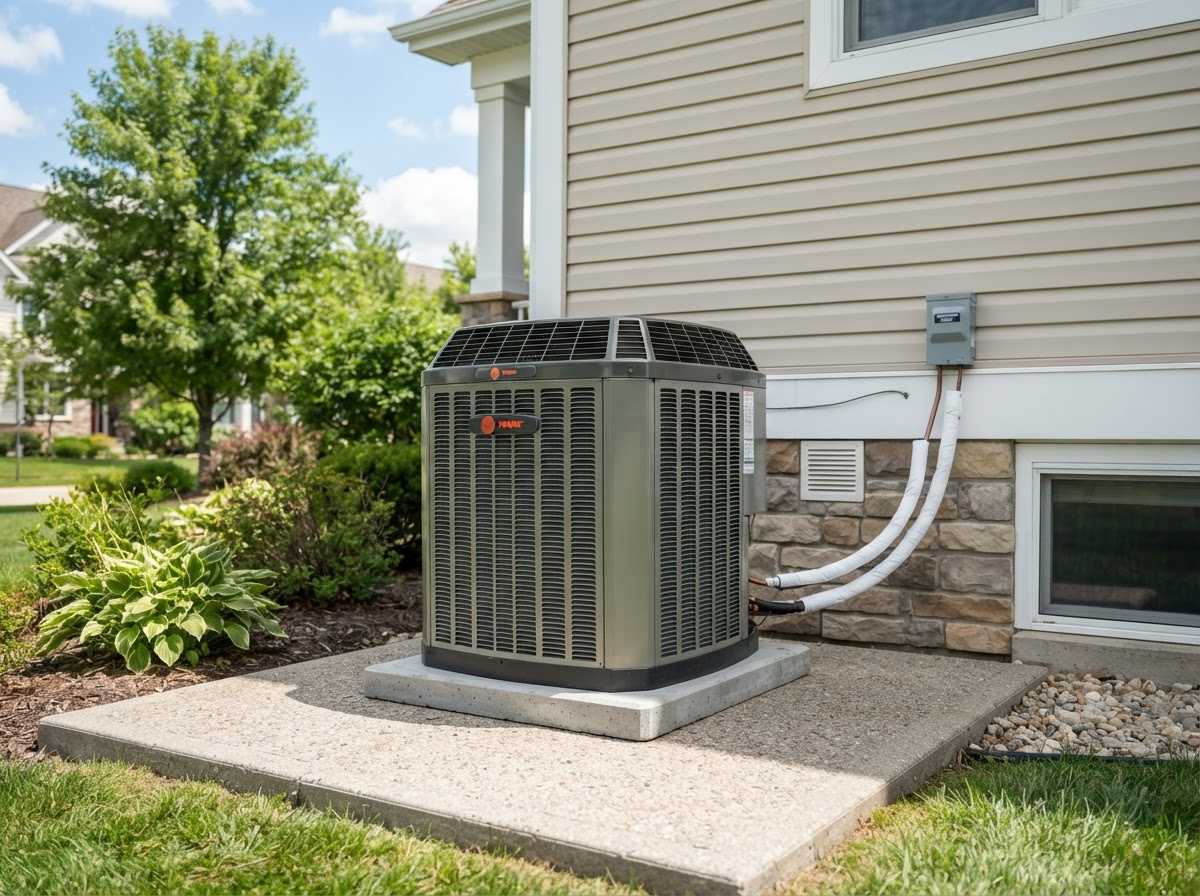 Trane brand residential air conditioning condenser unit installed beside a home