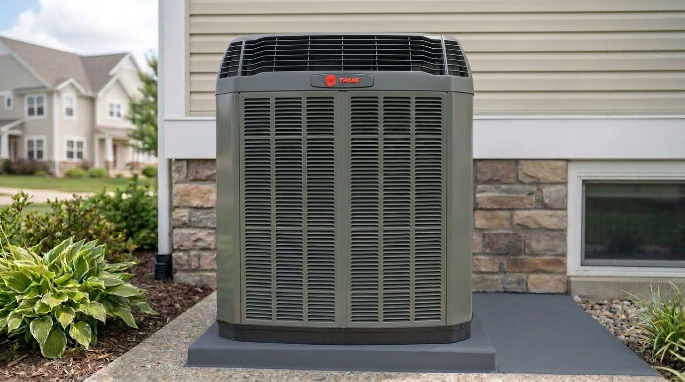 Trane residential air conditioning condenser unit installed outside a home
