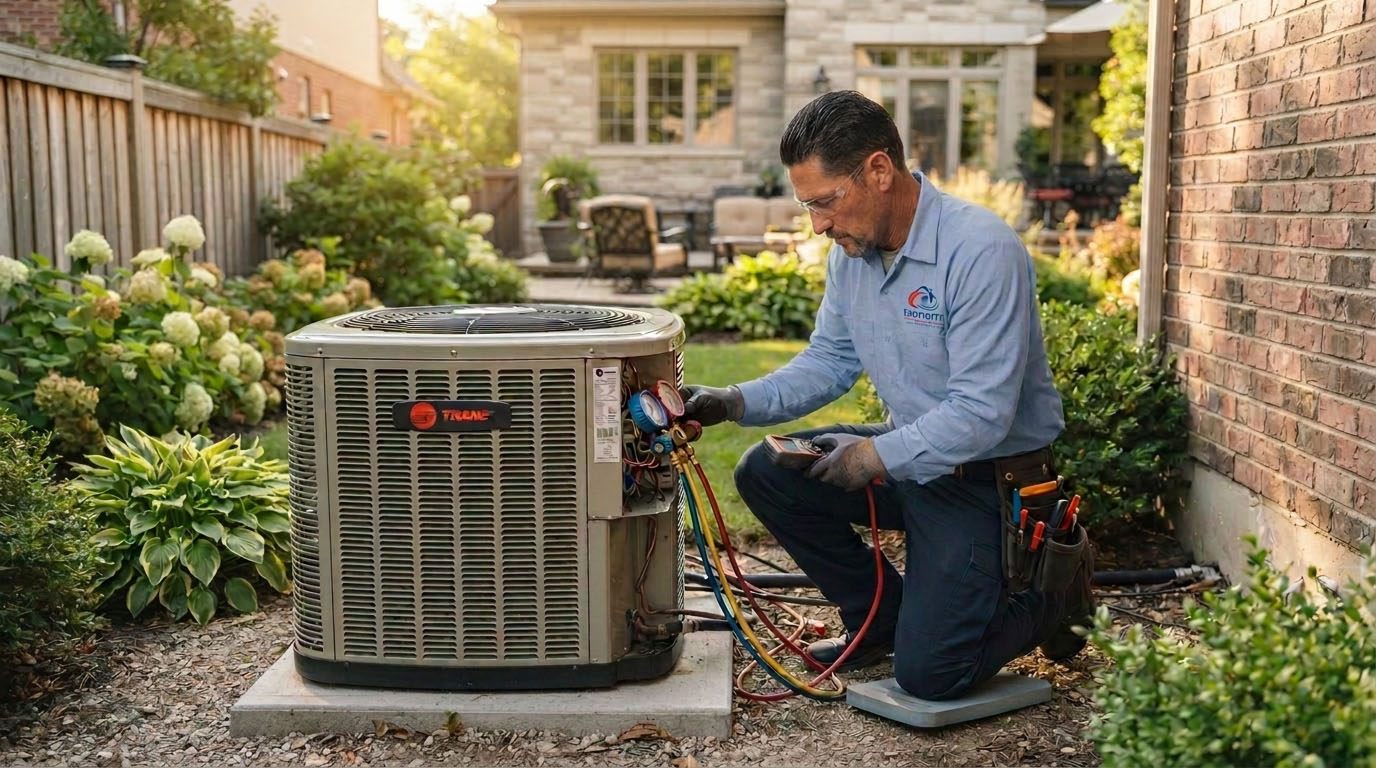 HVAC technician servicing a Trane residential air conditioning condenser unit
