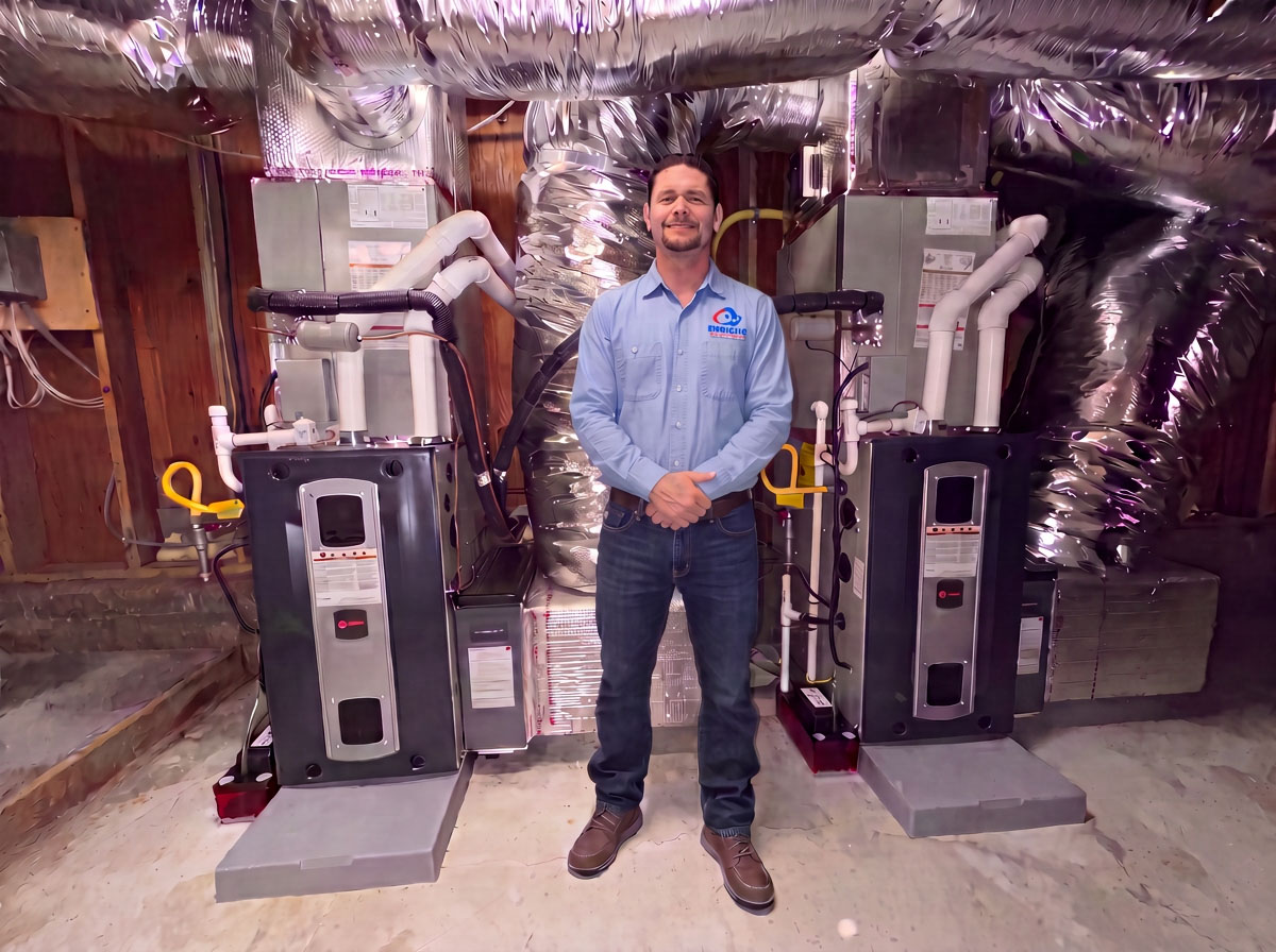 Patrick Enright standing in front of dual residential HVAC installation