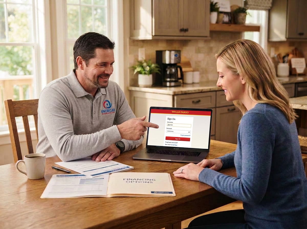 HVAC contractor and homeowner reviewing Wells Fargo financing options together on a laptop computer