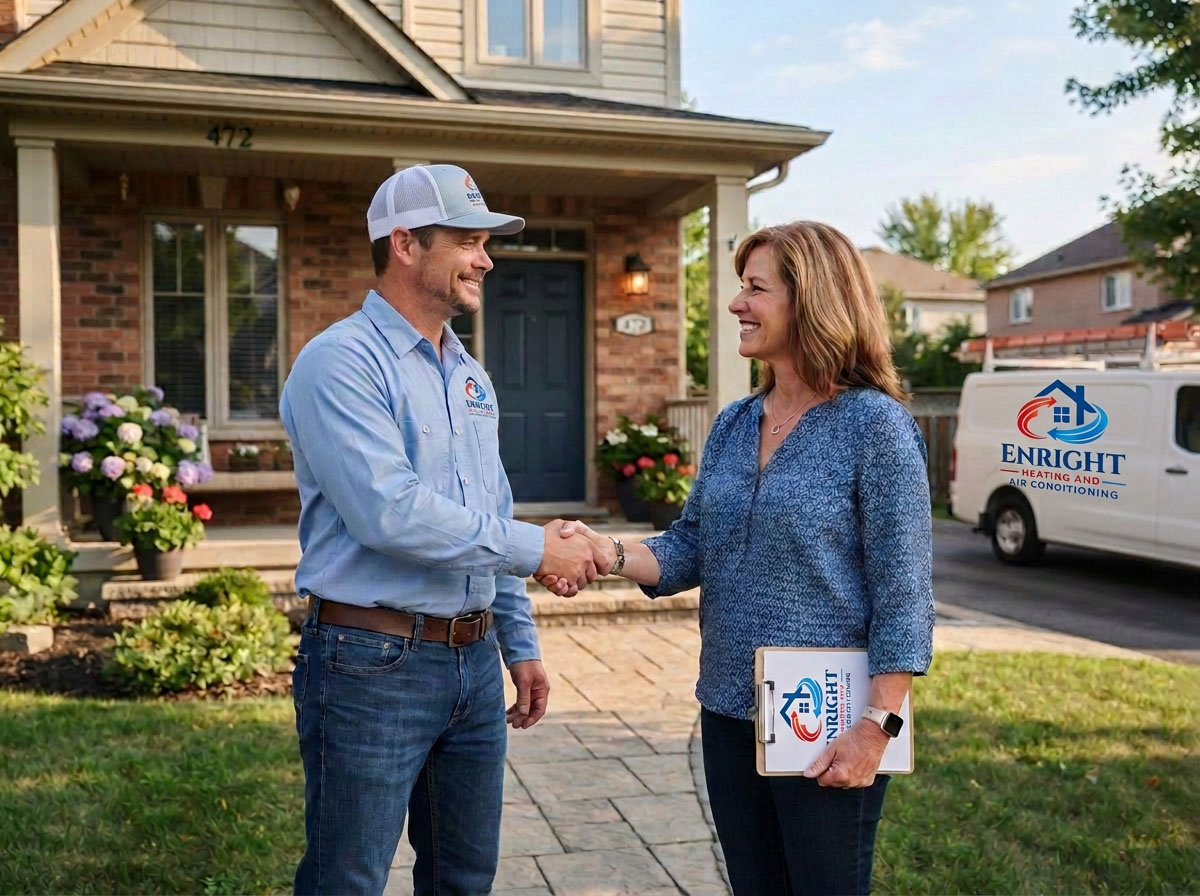 Enright Heating and Air Conditioning technician shaking hands with happy homeowner, representing the 2-year labor warranty