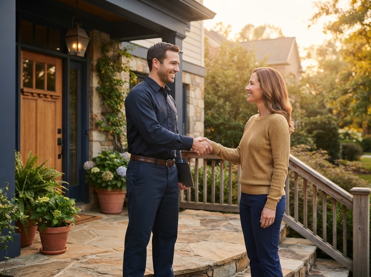 Service team member greeting a customer — replaceable demo image