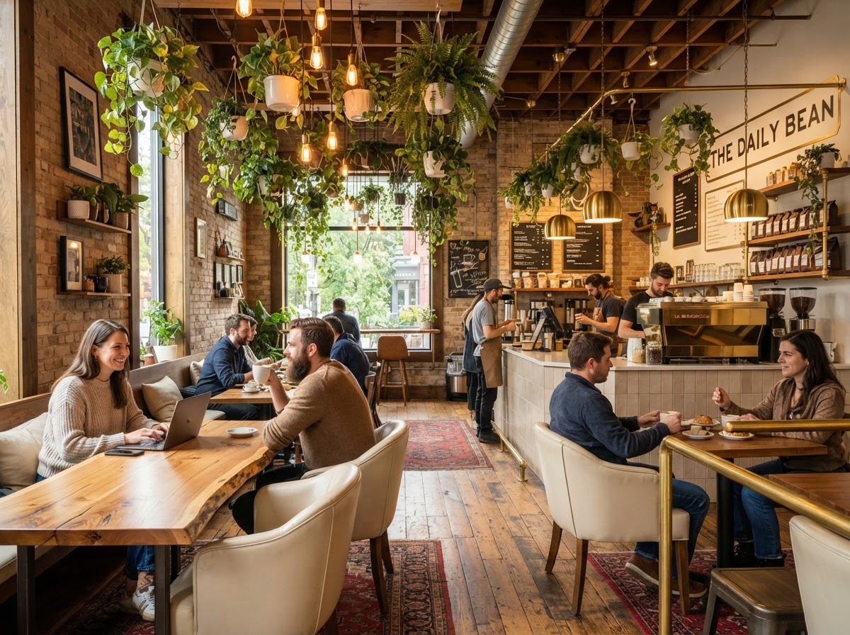 Interior cálido y elegante de Café Aurelia con mobiliario de madera