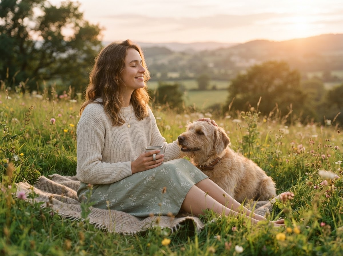 Frau mit entspanntem Hund in ruhiger Natur
