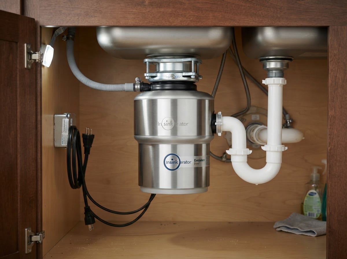 A stainless steel garbage disposal under a kitchen sink