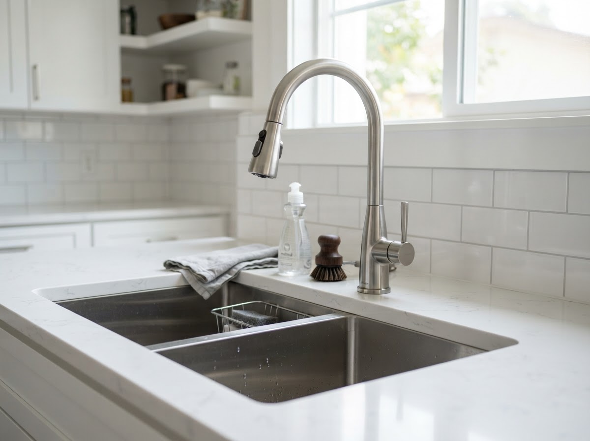 A kitchen sink with a new pull-down faucet freshly installed