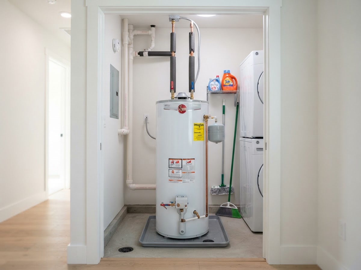 A new white tank water heater in a utility closet