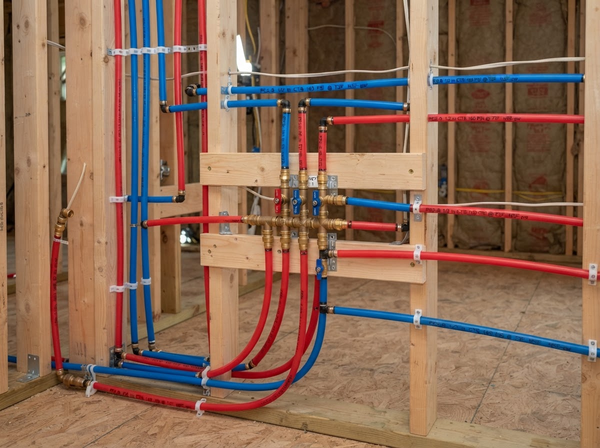 Red and blue PEX water lines installed in a home with brass fittings