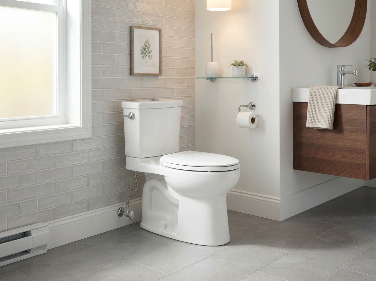 A white toilet in a clean bathroom