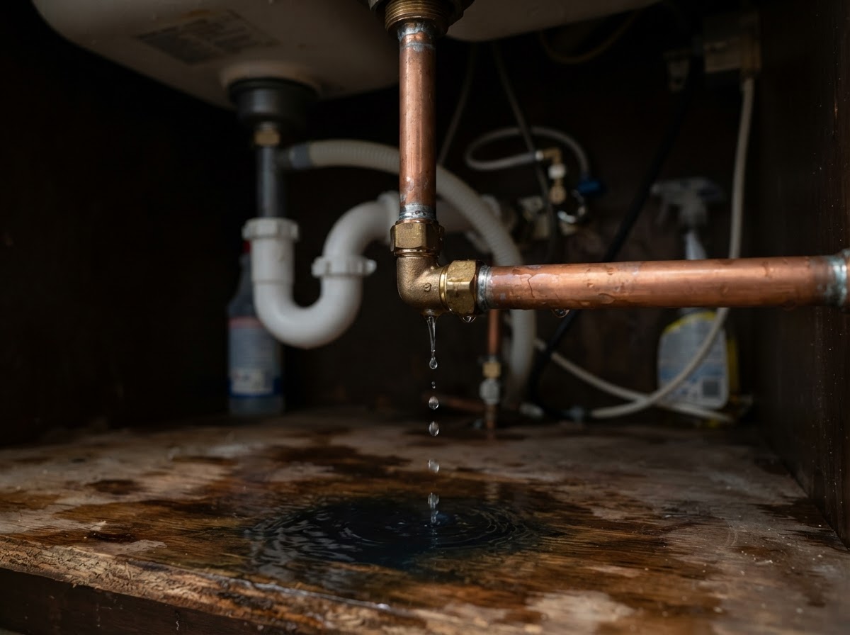Water visibly leaking from a copper water-supply pipe joint beneath a sink