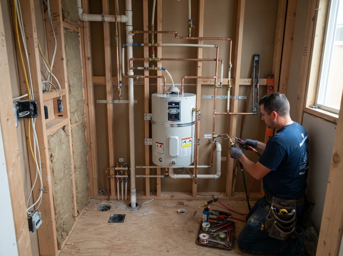 Plumbing installation in an accessory dwelling unit under construction