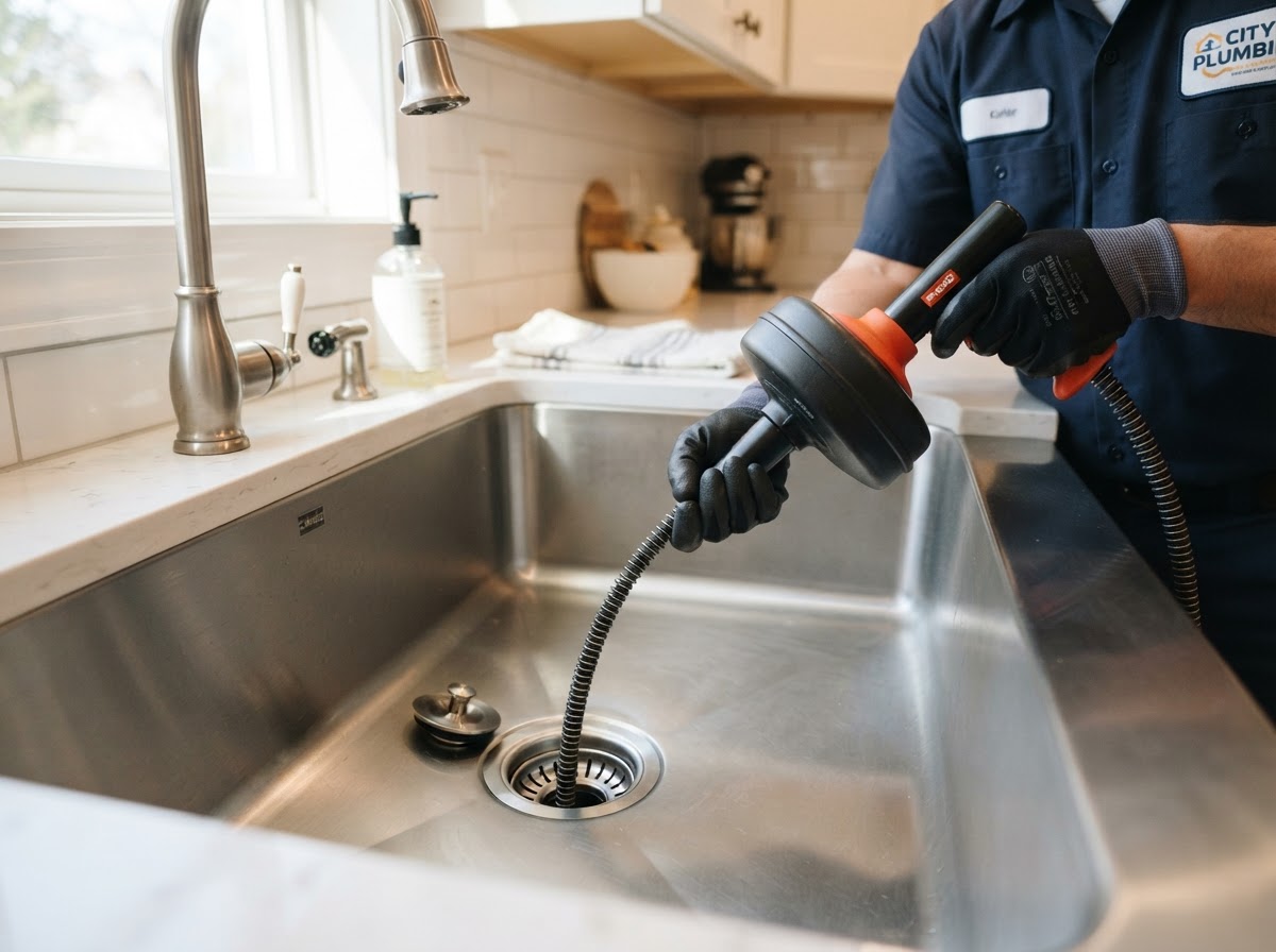A plumber's drain snake and clean kitchen sink drain
