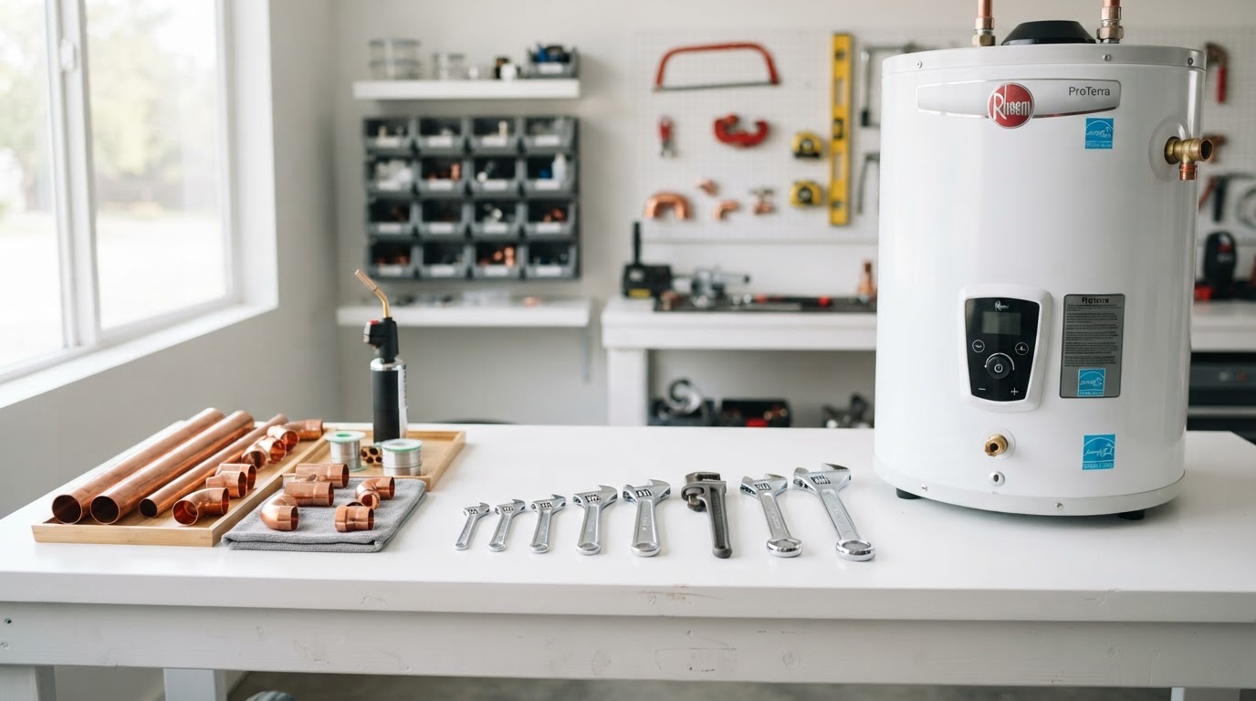 Plumbing tools, copper pipes, and a water heater on a clean workbench