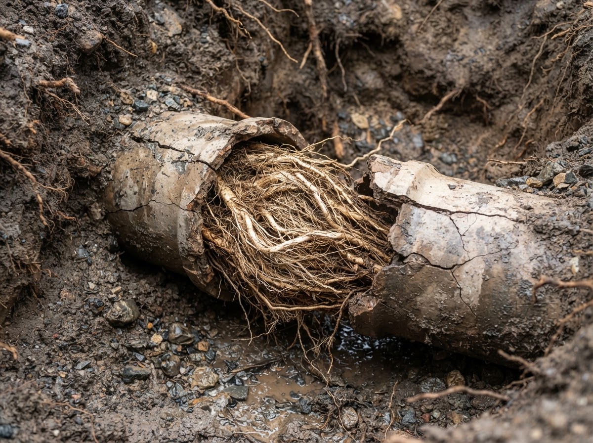 Underground sewer piping with visible tree-root intrusion and root damage