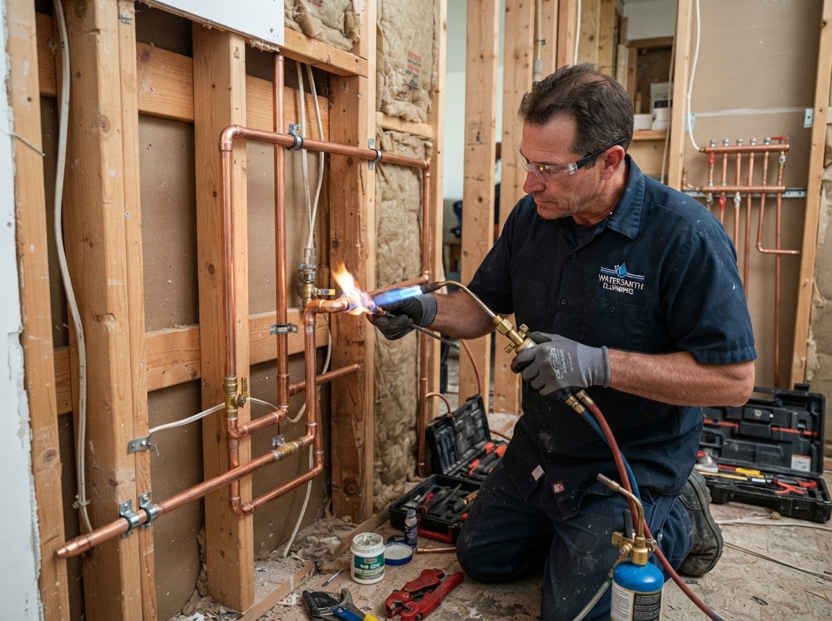 New copper water-supply piping being professionally installed in a home wall