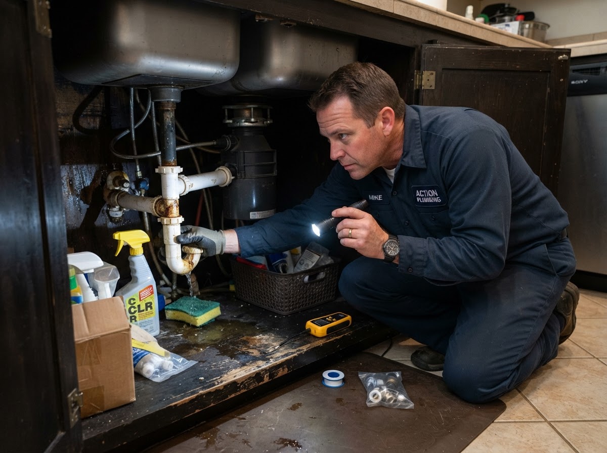A plumber inspecting beneath a sink with a flashlight for leak detection