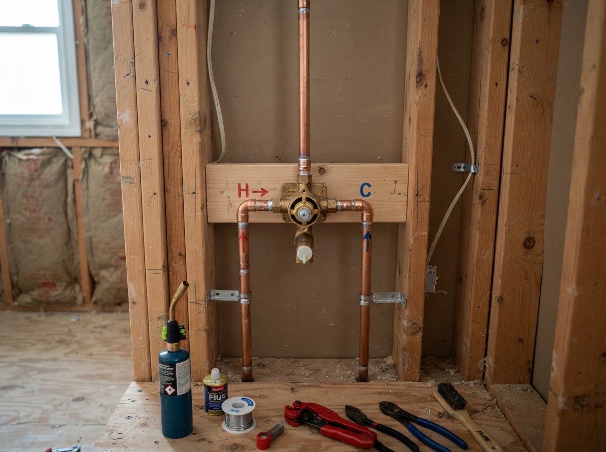 A shower valve and water-supply piping during installation in a bathroom wall