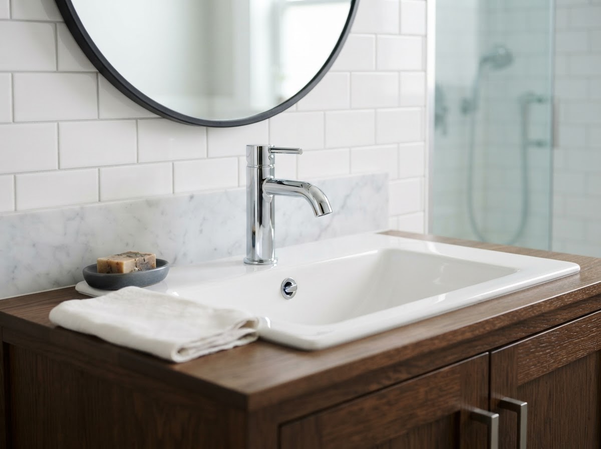 A bathroom sink with a new chrome faucet freshly installed
