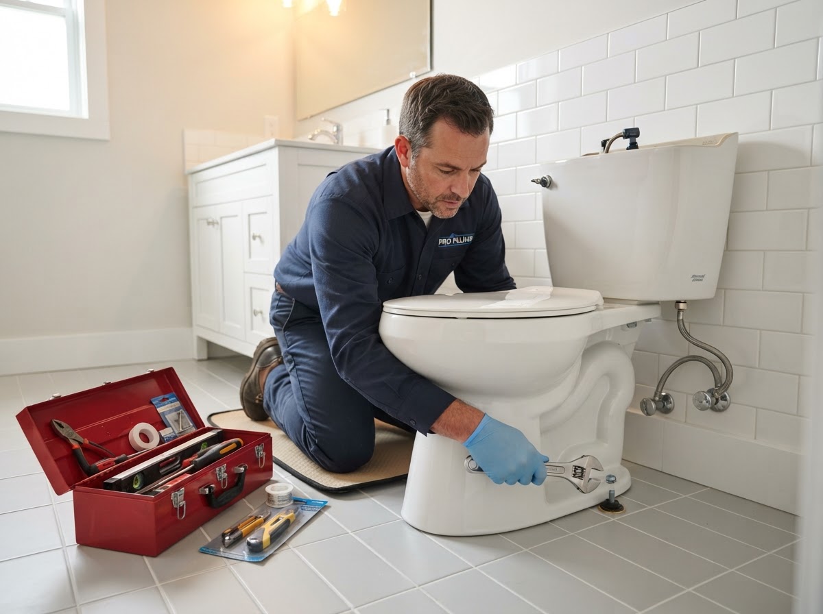 A clean new white toilet being installed in a bathroom