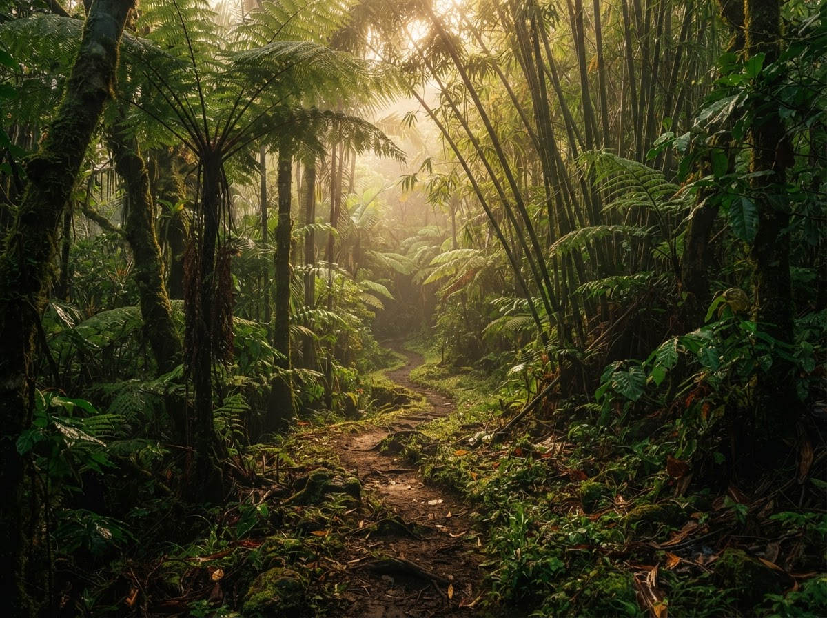 A lush Maui rainforest trail with dappled golden sunlight
