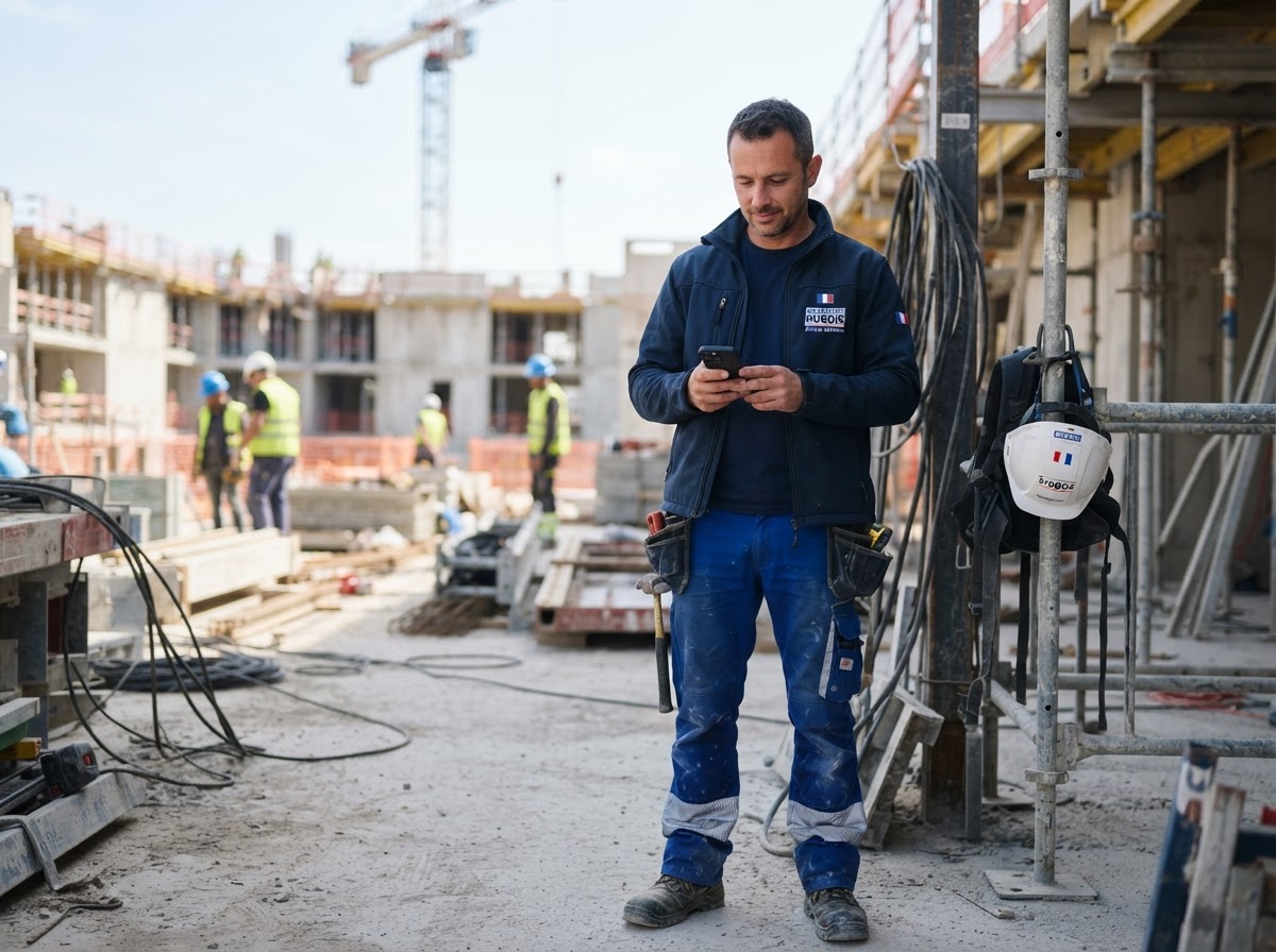 Artisan du bâtiment sur un chantier, laissant sa réceptionniste prendre le relais téléphonique