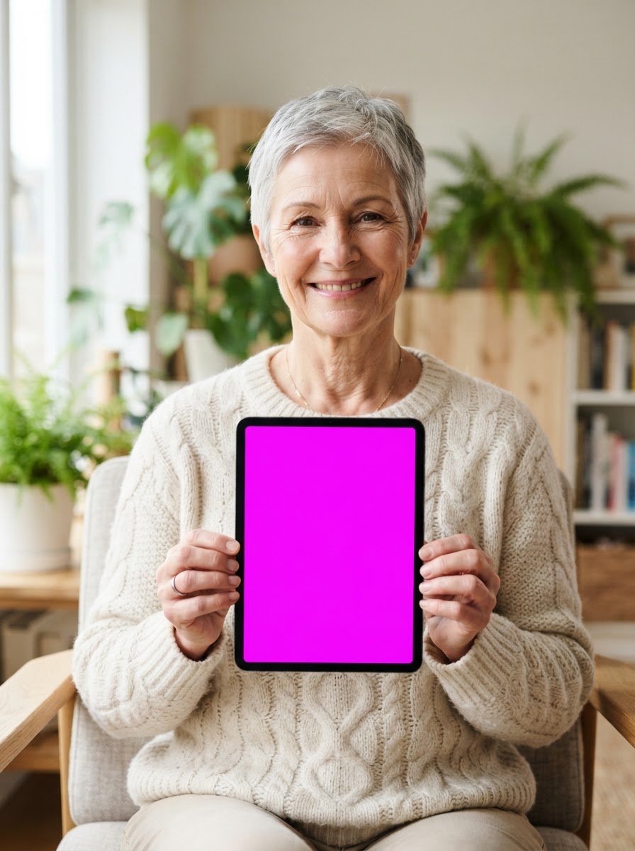A smiling woman in her sixties holding a tablet