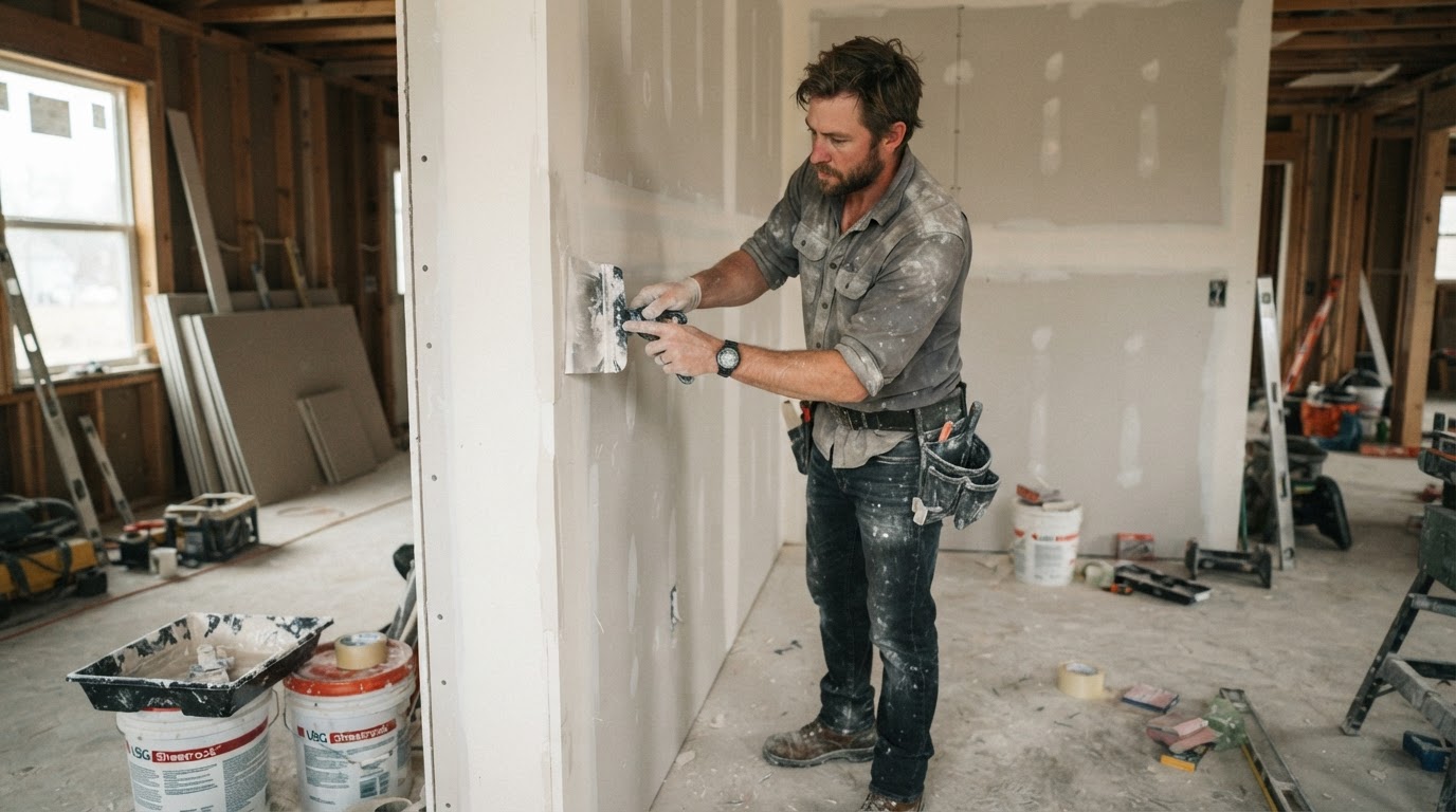 Contractor installing and finishing drywall during reconstruction