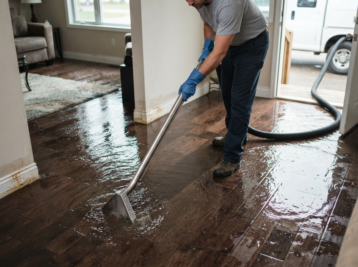 Emergency water removal and water extraction near Charlotte — extraction equipment removing standing water from residential flooring