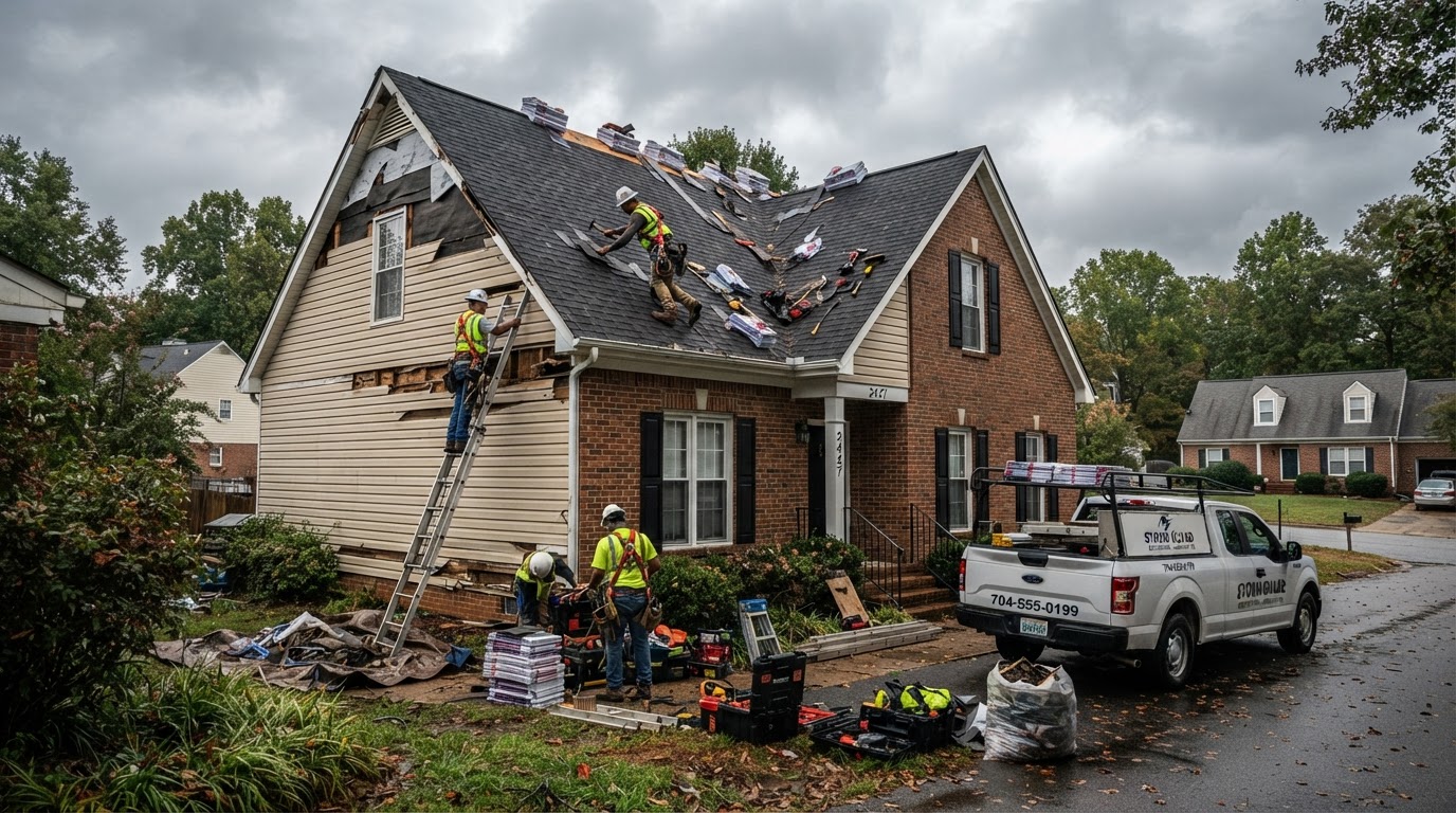 Residential exterior undergoing storm damage repair