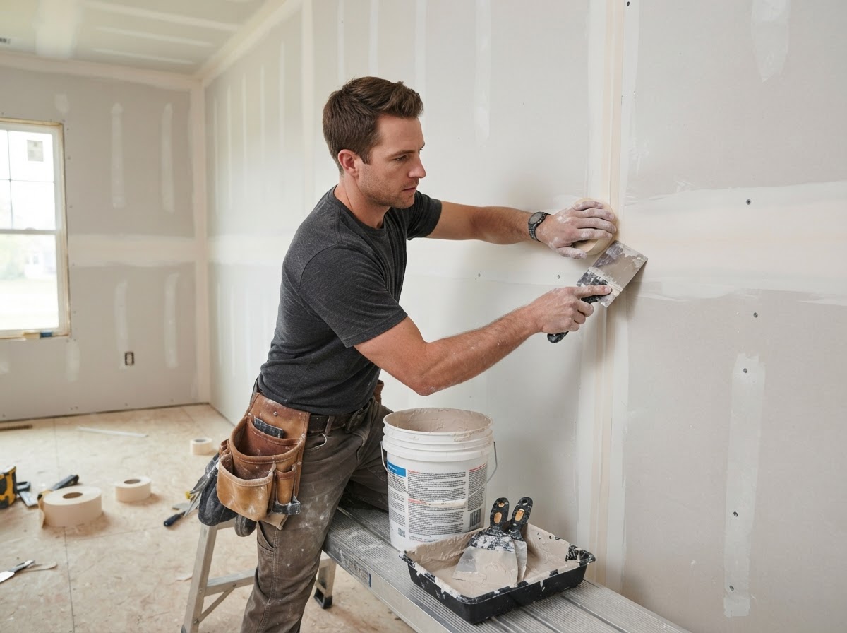 Drywall repair and drywall installation in Charlotte — technician mudding and taping new drywall joints
