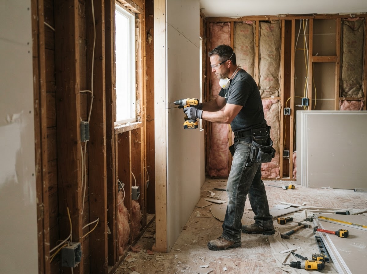Reconstruction and property damage repair near Charlotte — contractor rebuilding a wall during interior reconstruction