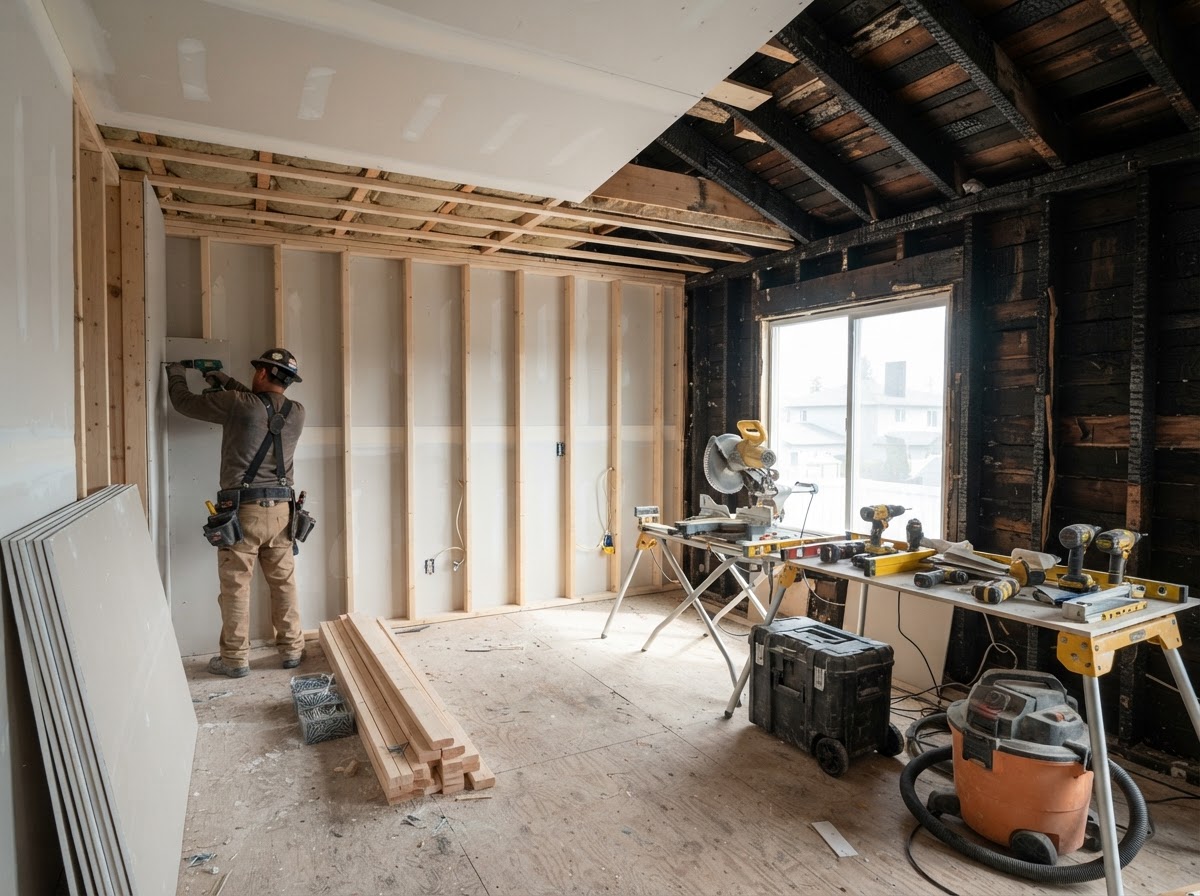 Interior reconstruction rebuilding framing and drywall in a fire-damaged room