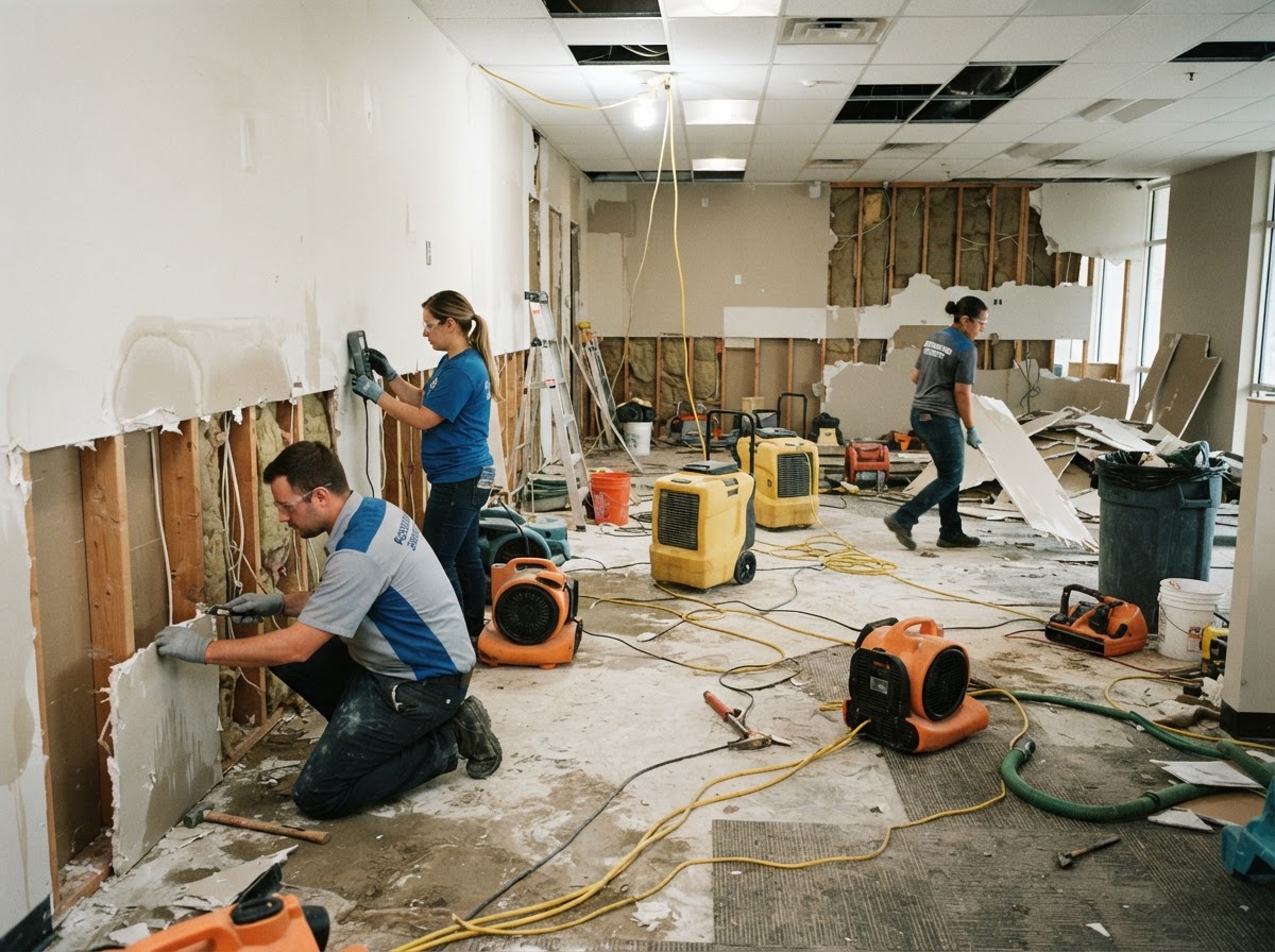 Commercial restoration and reconstruction in Charlotte — drying equipment set up inside a damaged commercial space