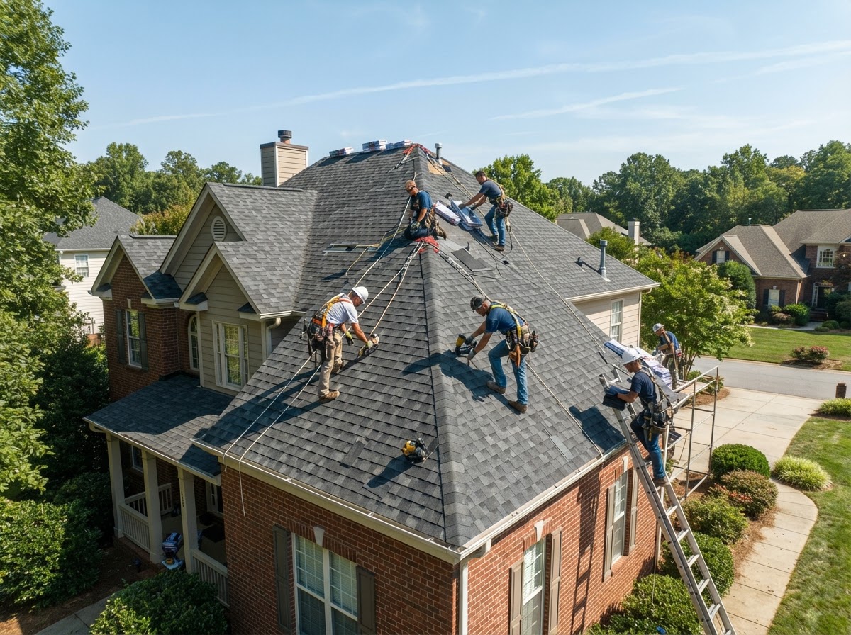 Roof repair and roof replacement near Charlotte — roofing crew replacing storm-damaged asphalt shingles