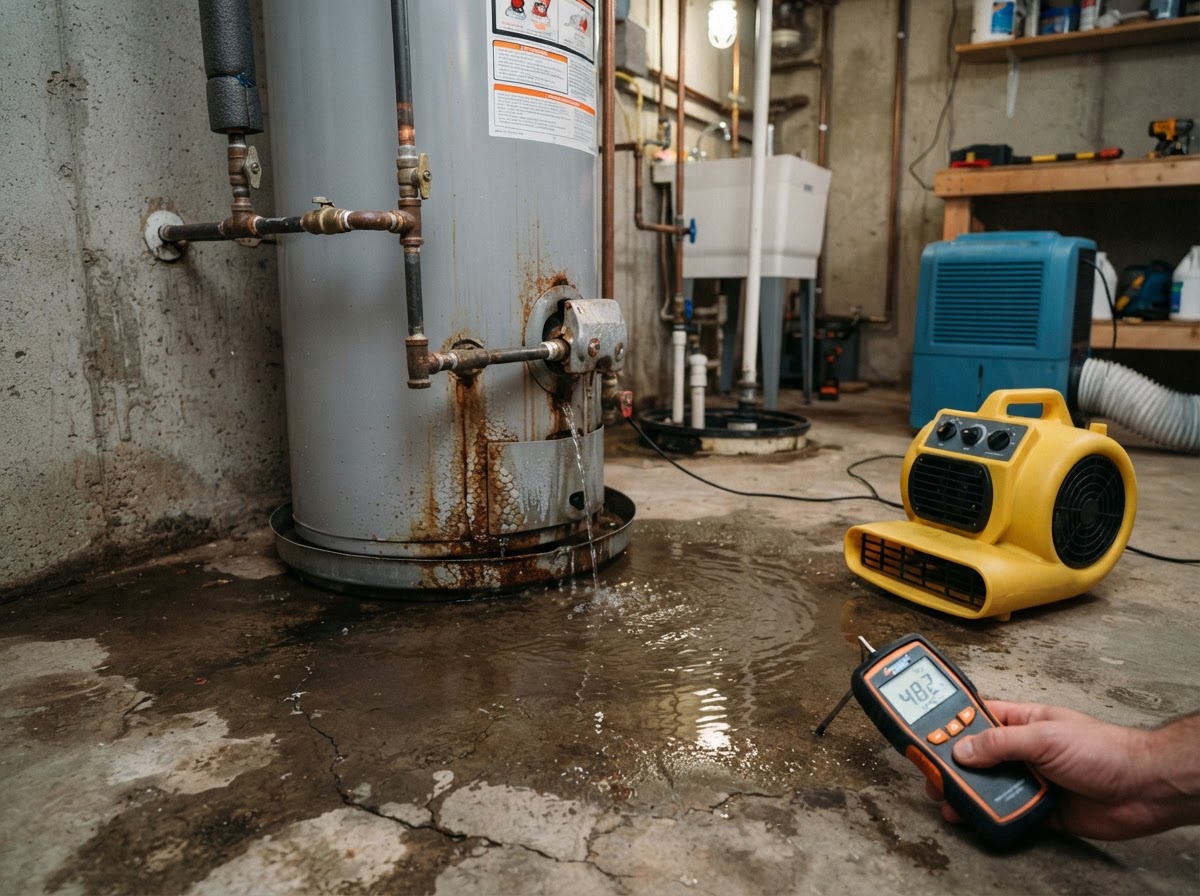 Residential water heater with a visible leak and drying equipment set up nearby