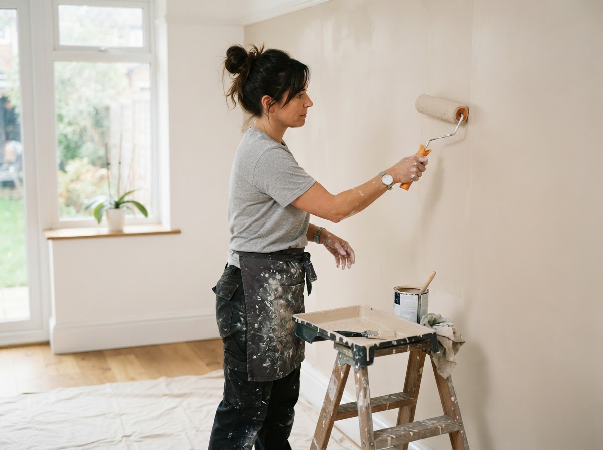 Interior and exterior painting near Charlotte — painter rolling paint onto a repaired interior wall
