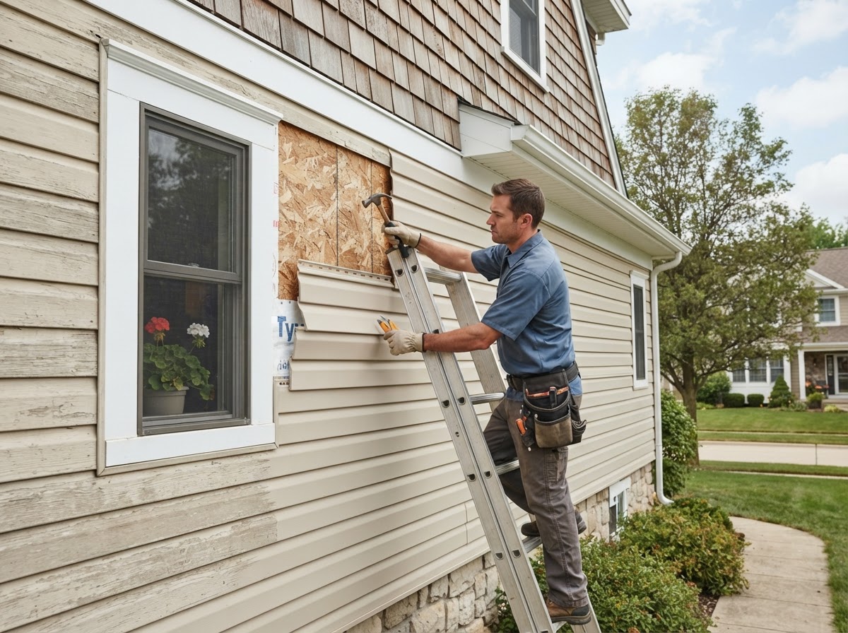Siding repair and siding replacement in Charlotte — installer replacing damaged vinyl siding panels