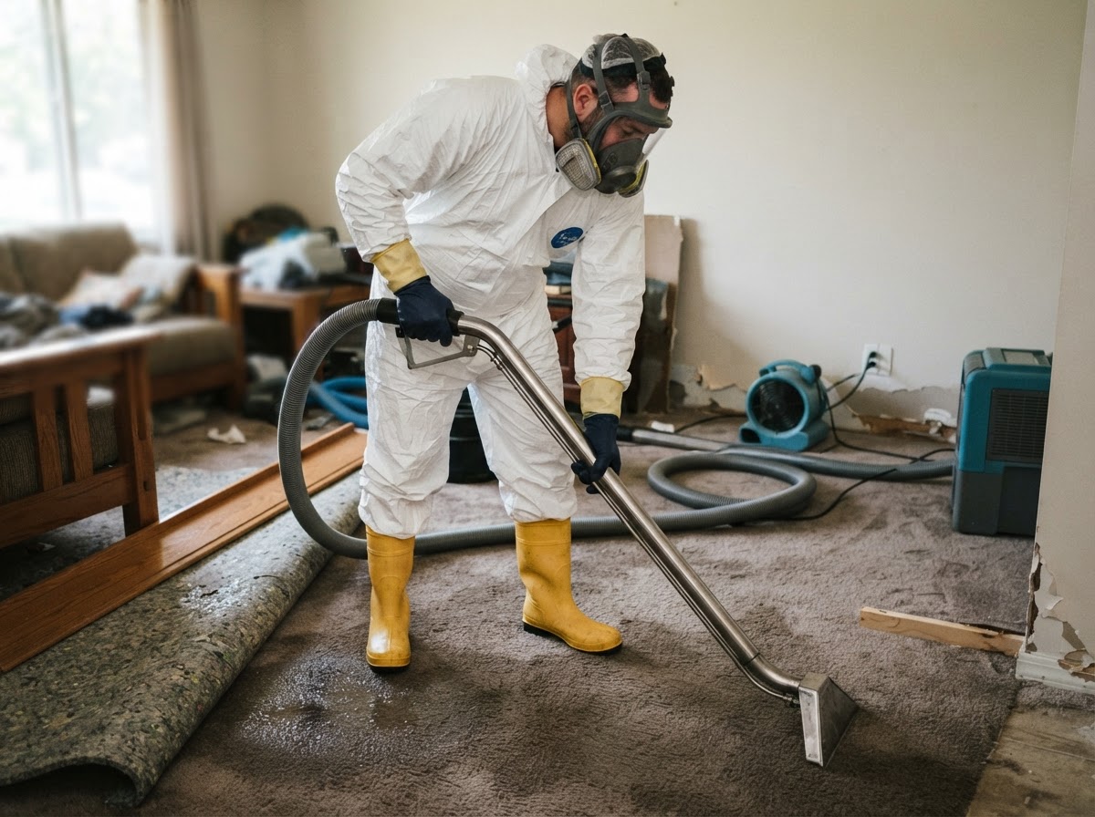 Sewage backup and black water cleanup near Charlotte — technician in PPE performing controlled contaminated-water cleanup