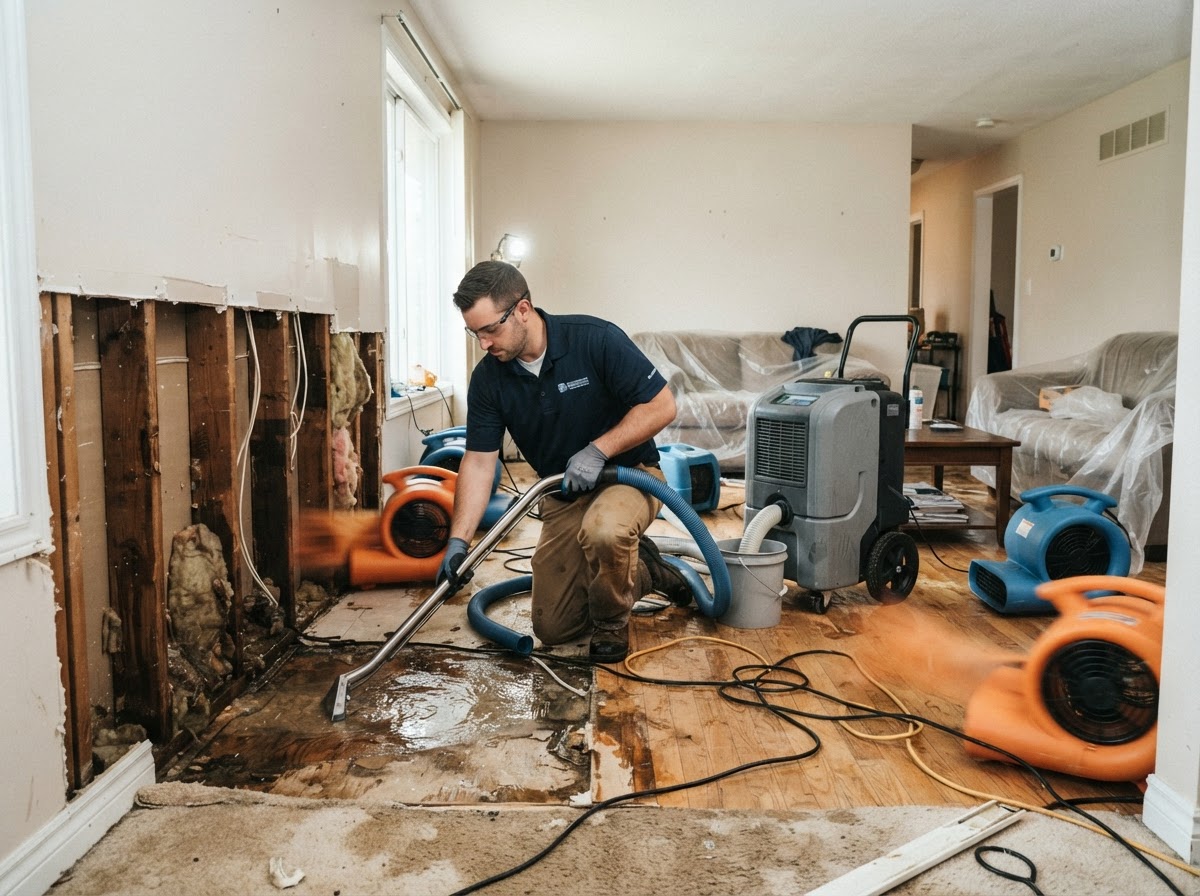 Water damage restoration services in Charlotte — technician operating drying equipment inside a water-damaged home