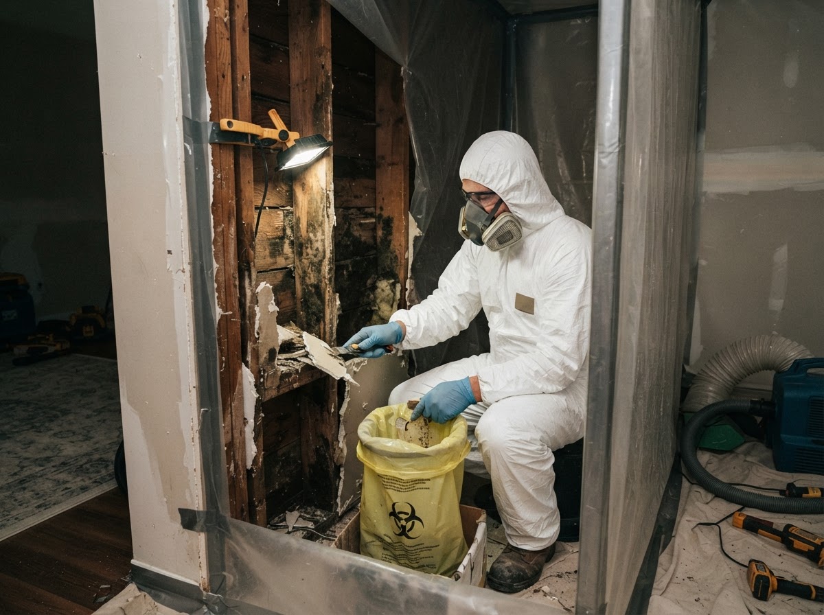 Mold remediation and mold removal near Charlotte — technician in PPE working inside a contained residential wall area