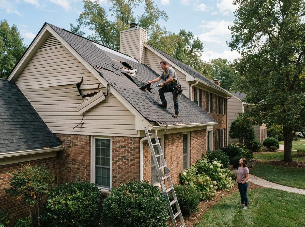 Storm damage restoration and emergency storm repair in Charlotte — contractor inspecting wind-damaged roof and siding
