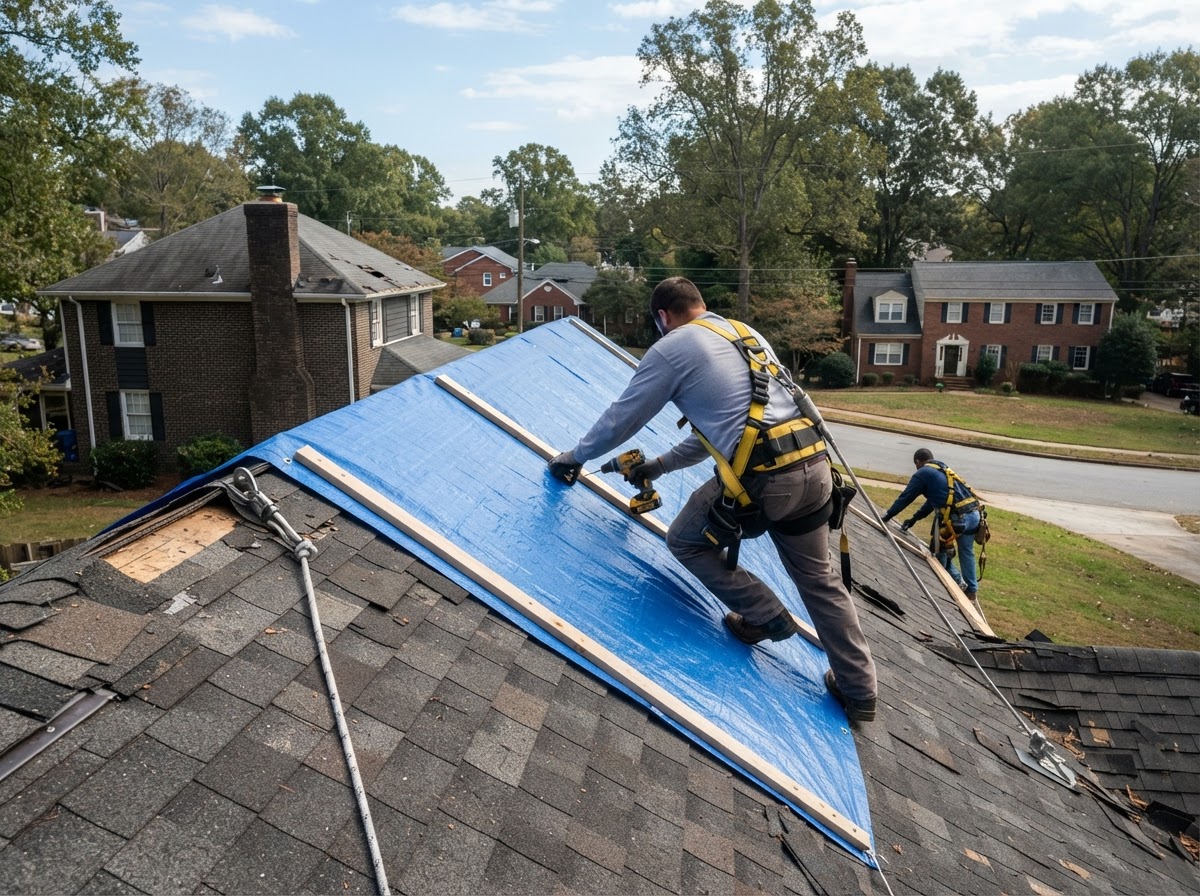 Roofer installing an emergency tarp over storm-damaged shingles on a residential roof
