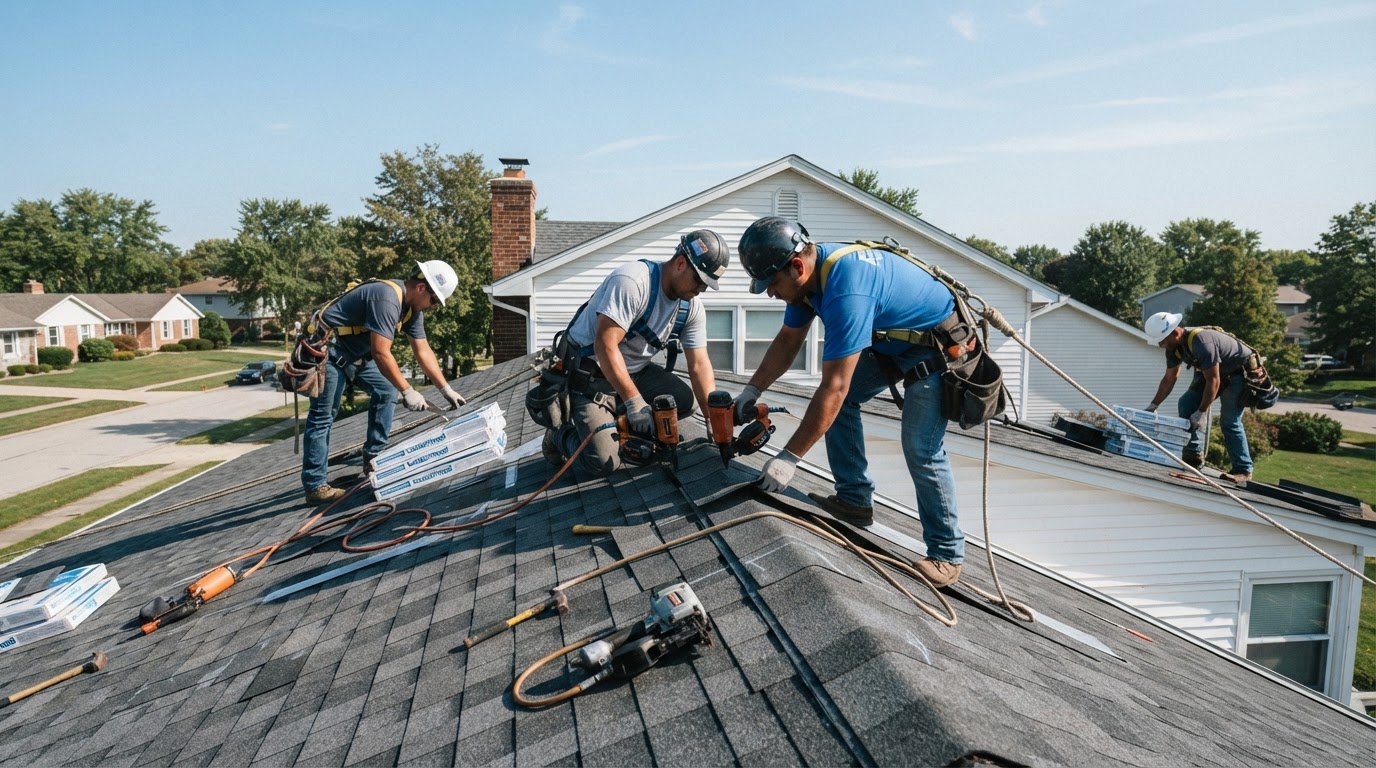 Roofing crew repairing storm-damaged shingles