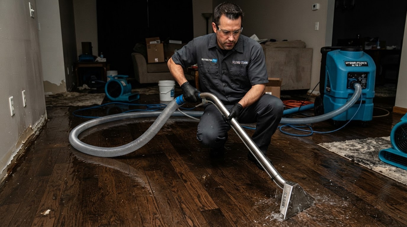 Water extraction equipment removing standing water from a Charlotte-area residential floor
